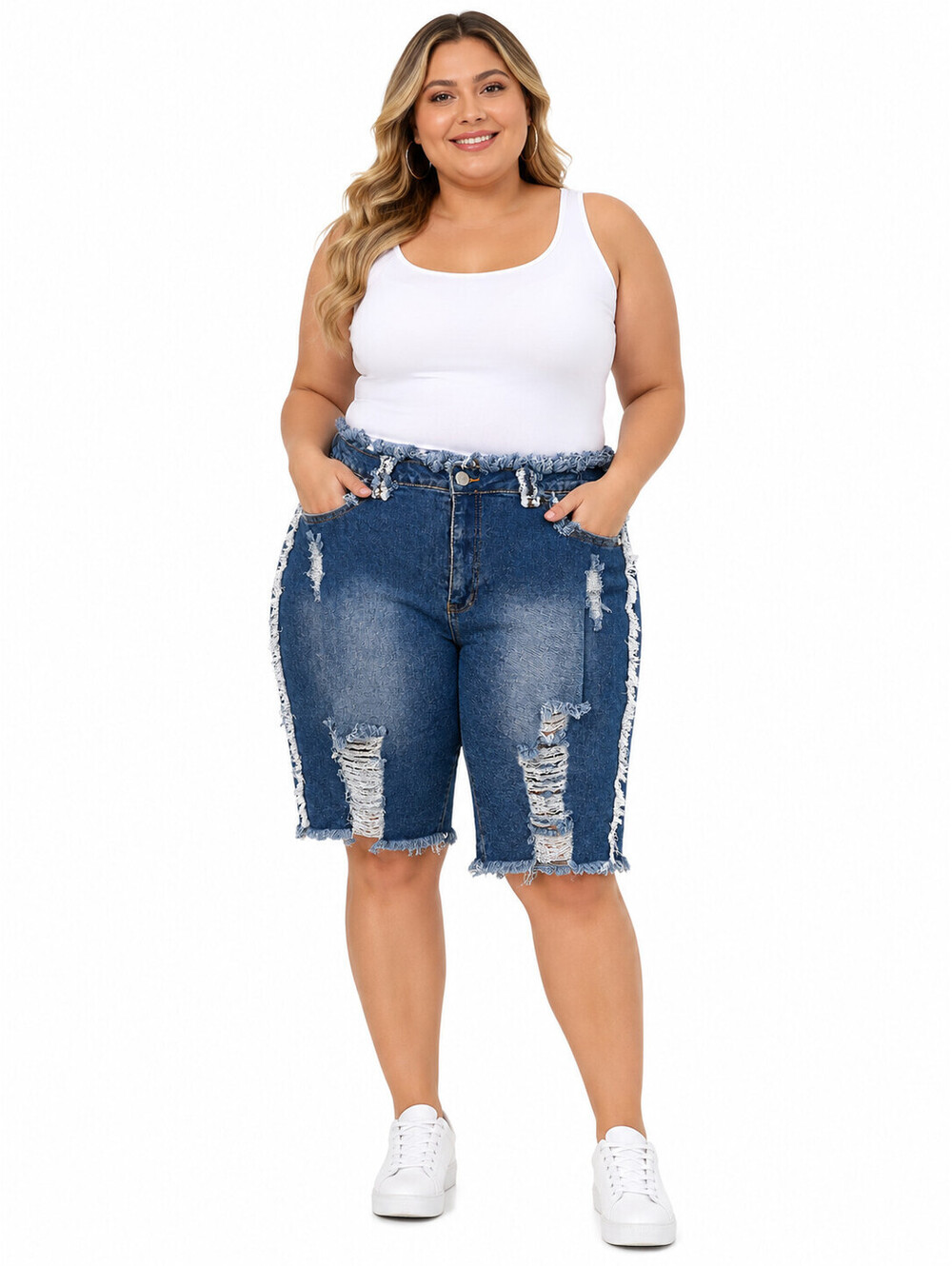 American Bazi 3X Distressed Denim Bermuda Shorts Frayed Raw Hem Stretch Plus